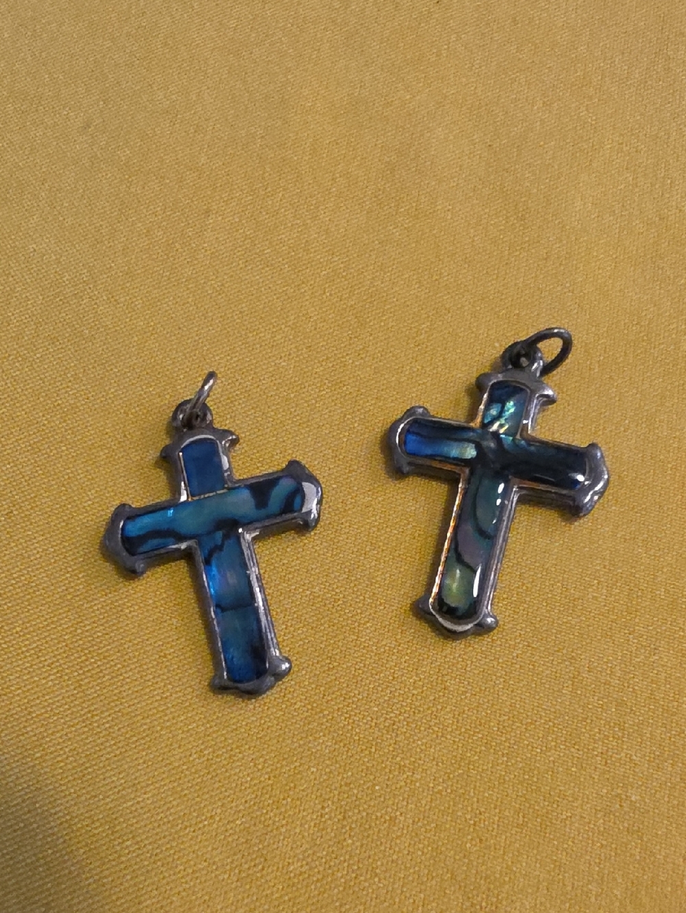 Abalone Inlay Cross Pendant Pair - Set In A Silver-toned Alloy (Unmarked)